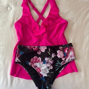 Pink and Black Floral Swim Pajamas with Ruffle Details